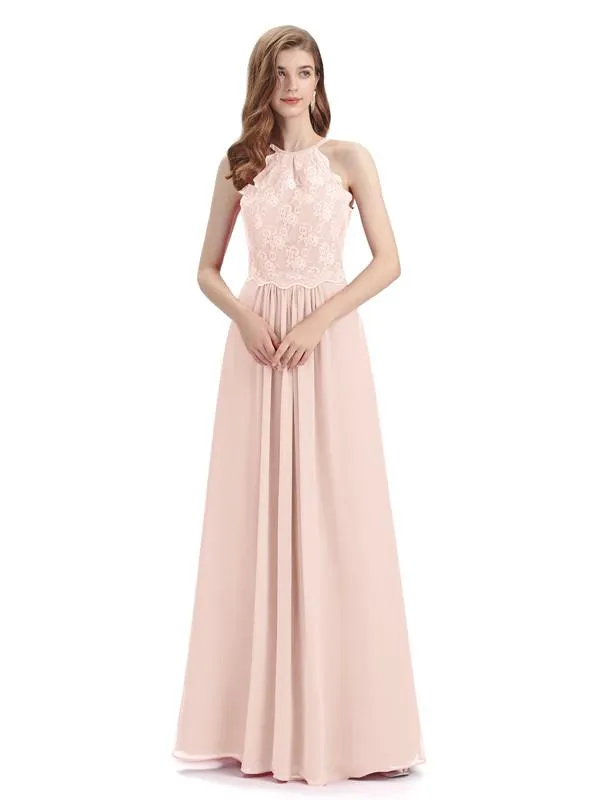 A-line Sleeveless High Neck Floor-Length Bridesmaid Dresses