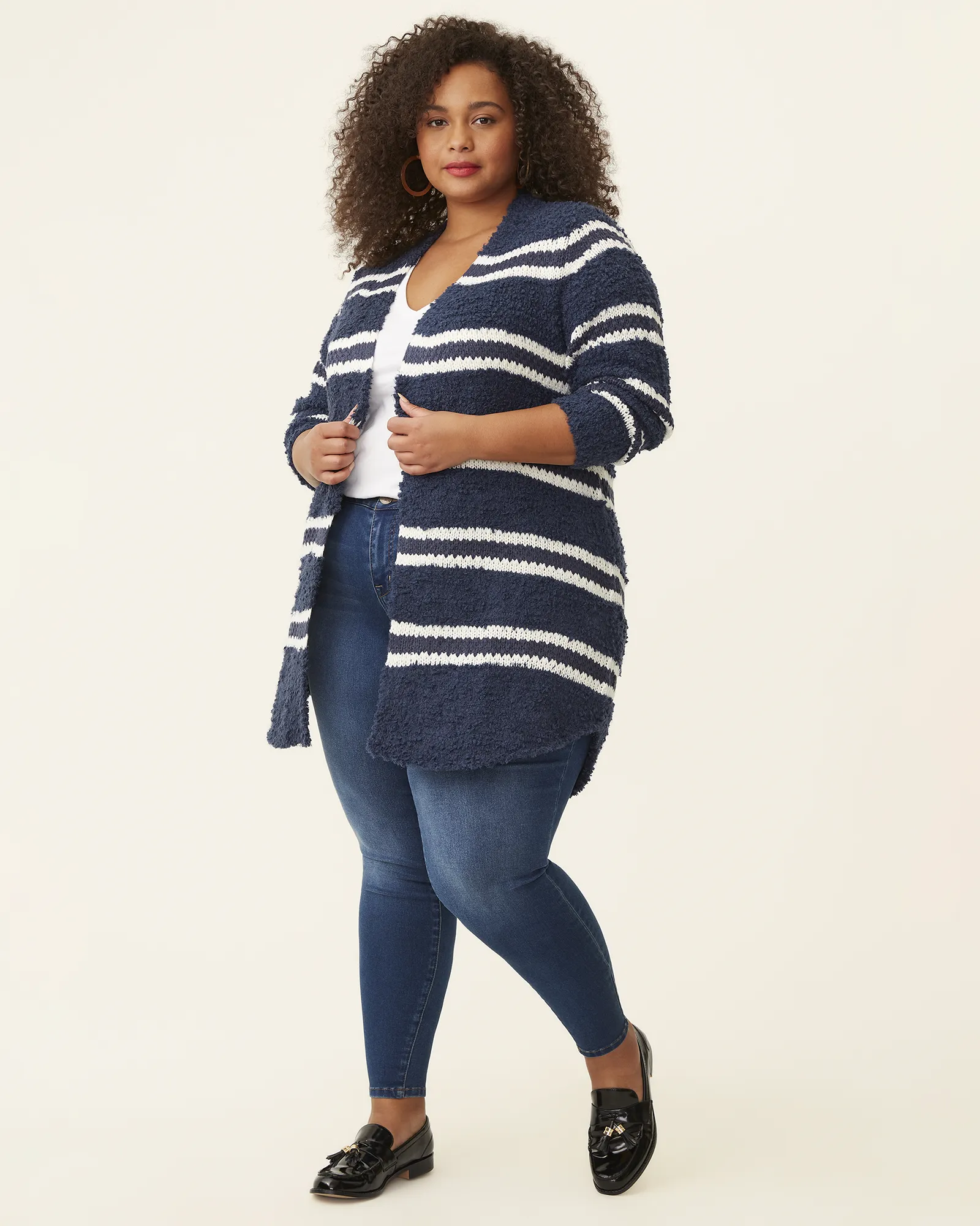 Allie Striped Open-Front Cardigan | Navy / Ivory