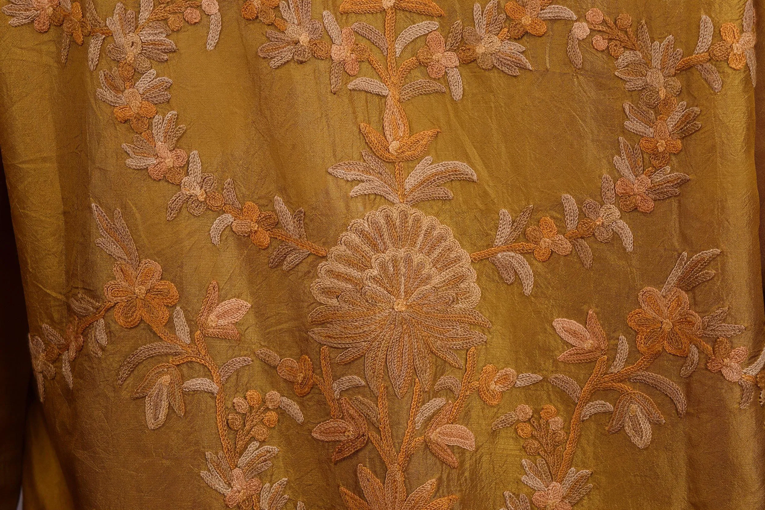 Bia Yellow Gold Silk Dinner Jacket Floral Evening Dress Coat Hand Embroidered Kashmir