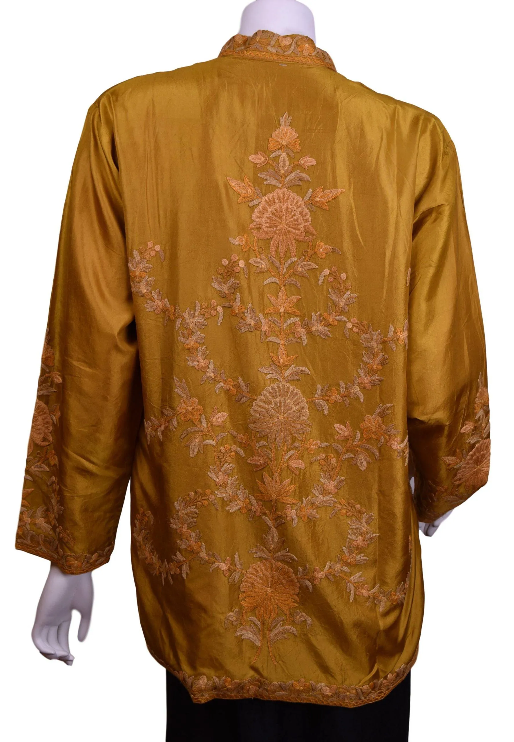 Bia Yellow Gold Silk Dinner Jacket Floral Evening Dress Coat Hand Embroidered Kashmir