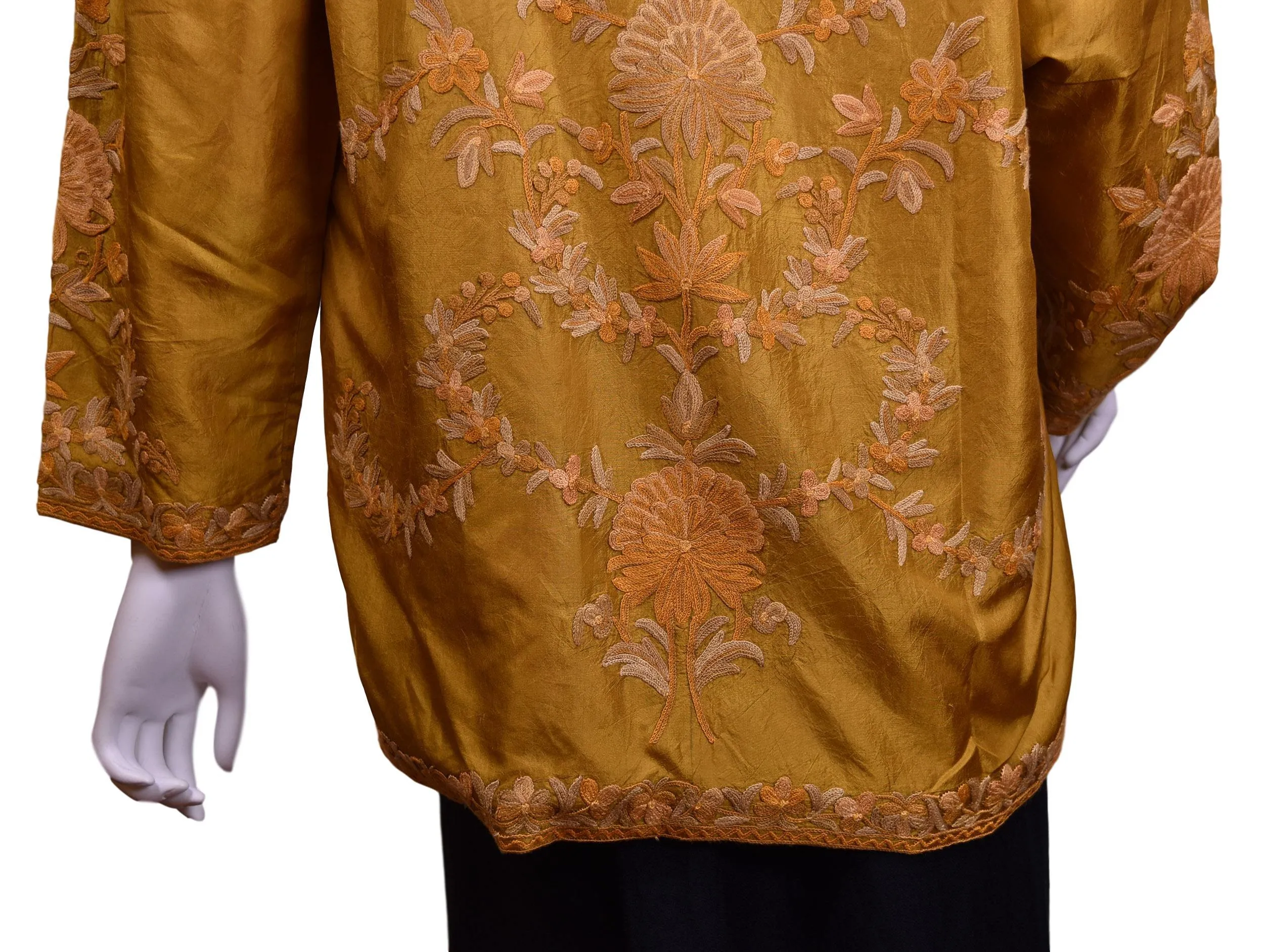 Bia Yellow Gold Silk Dinner Jacket Floral Evening Dress Coat Hand Embroidered Kashmir