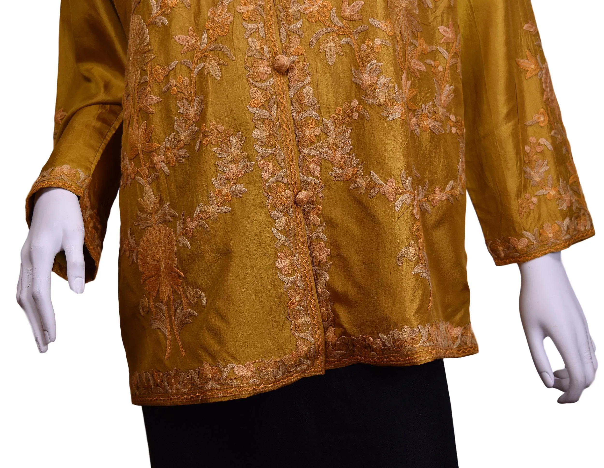 Bia Yellow Gold Silk Dinner Jacket Floral Evening Dress Coat Hand Embroidered Kashmir