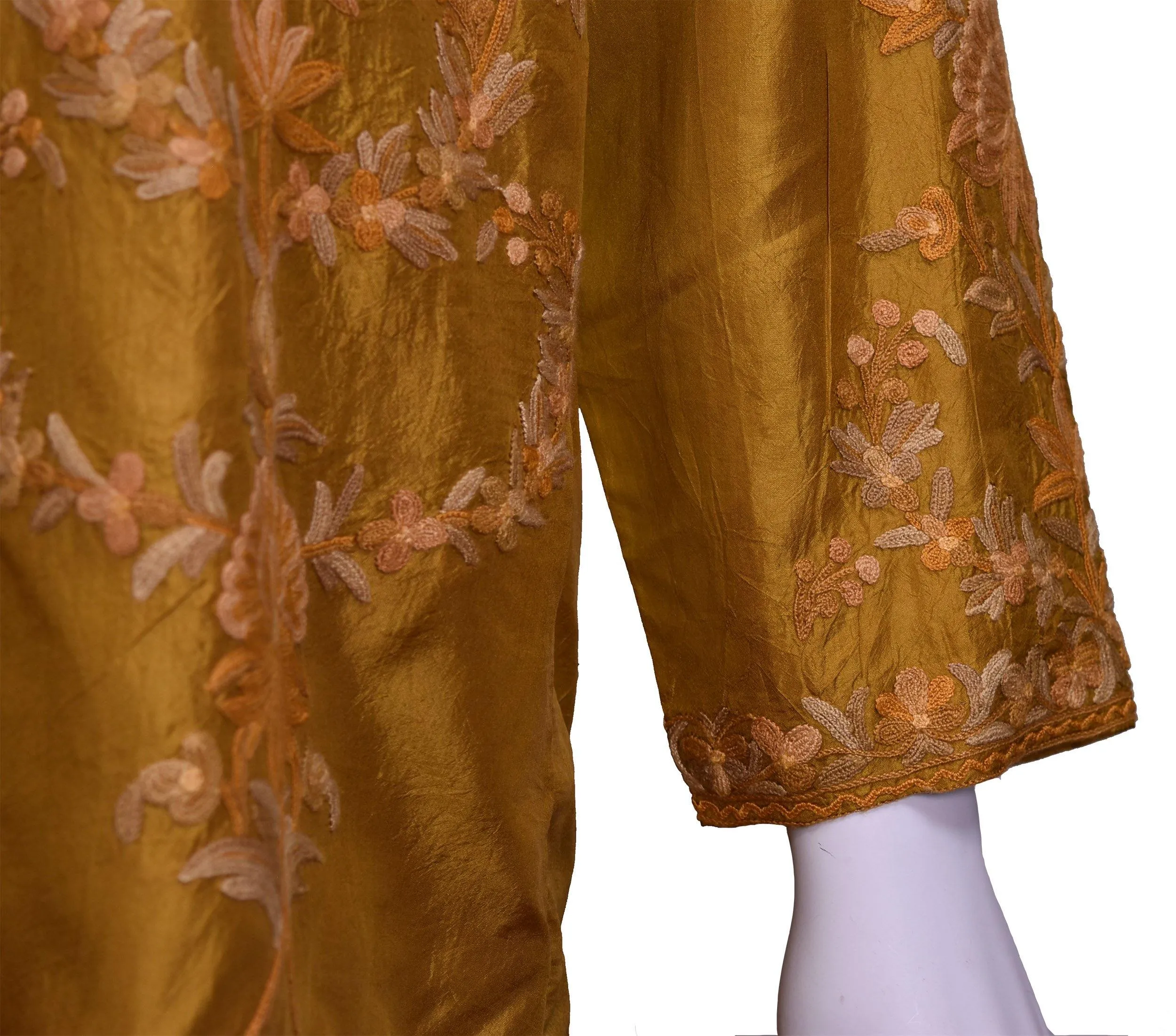 Bia Yellow Gold Silk Dinner Jacket Floral Evening Dress Coat Hand Embroidered Kashmir