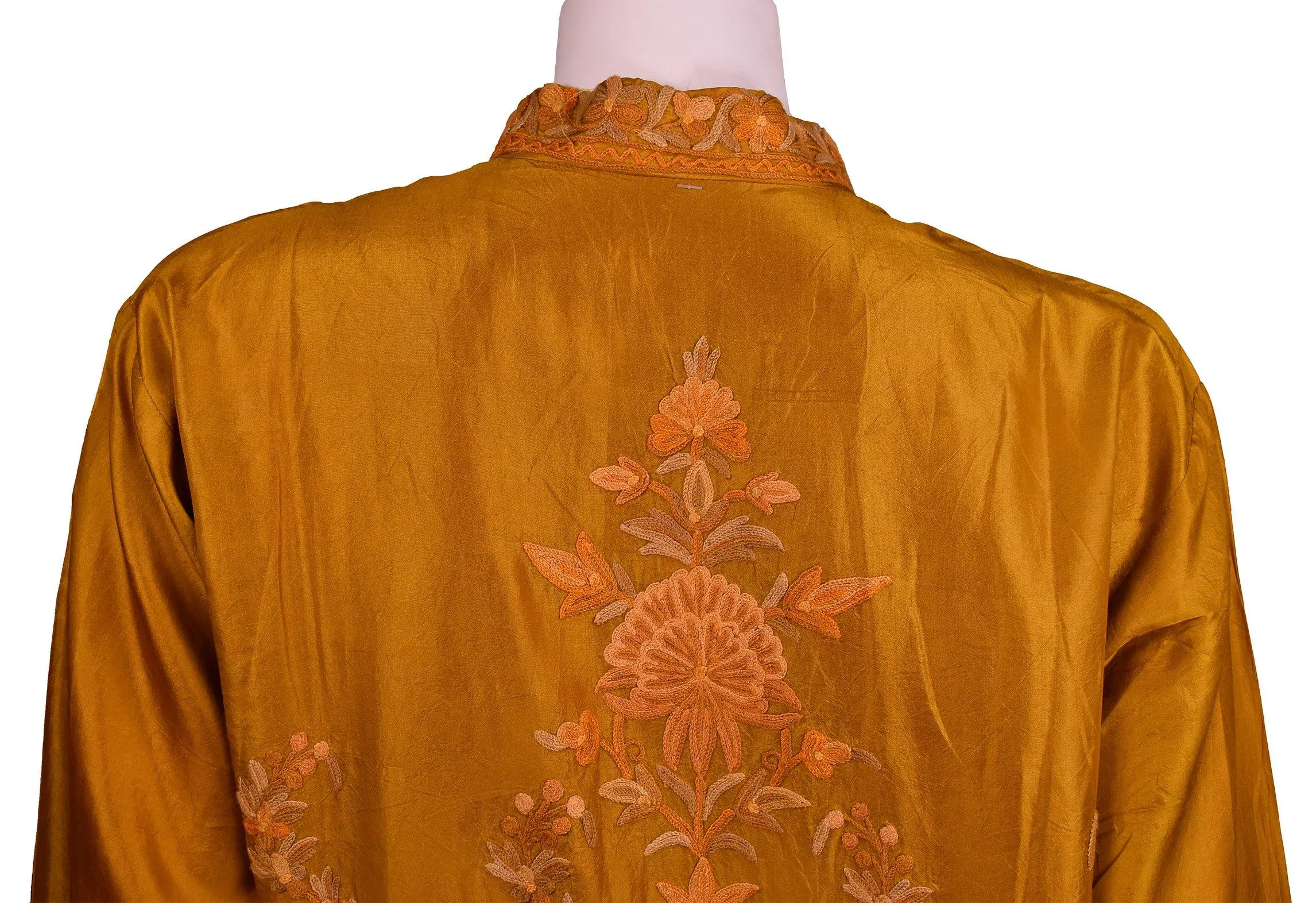 Bia Yellow Gold Silk Dinner Jacket Floral Evening Dress Coat Hand Embroidered Kashmir