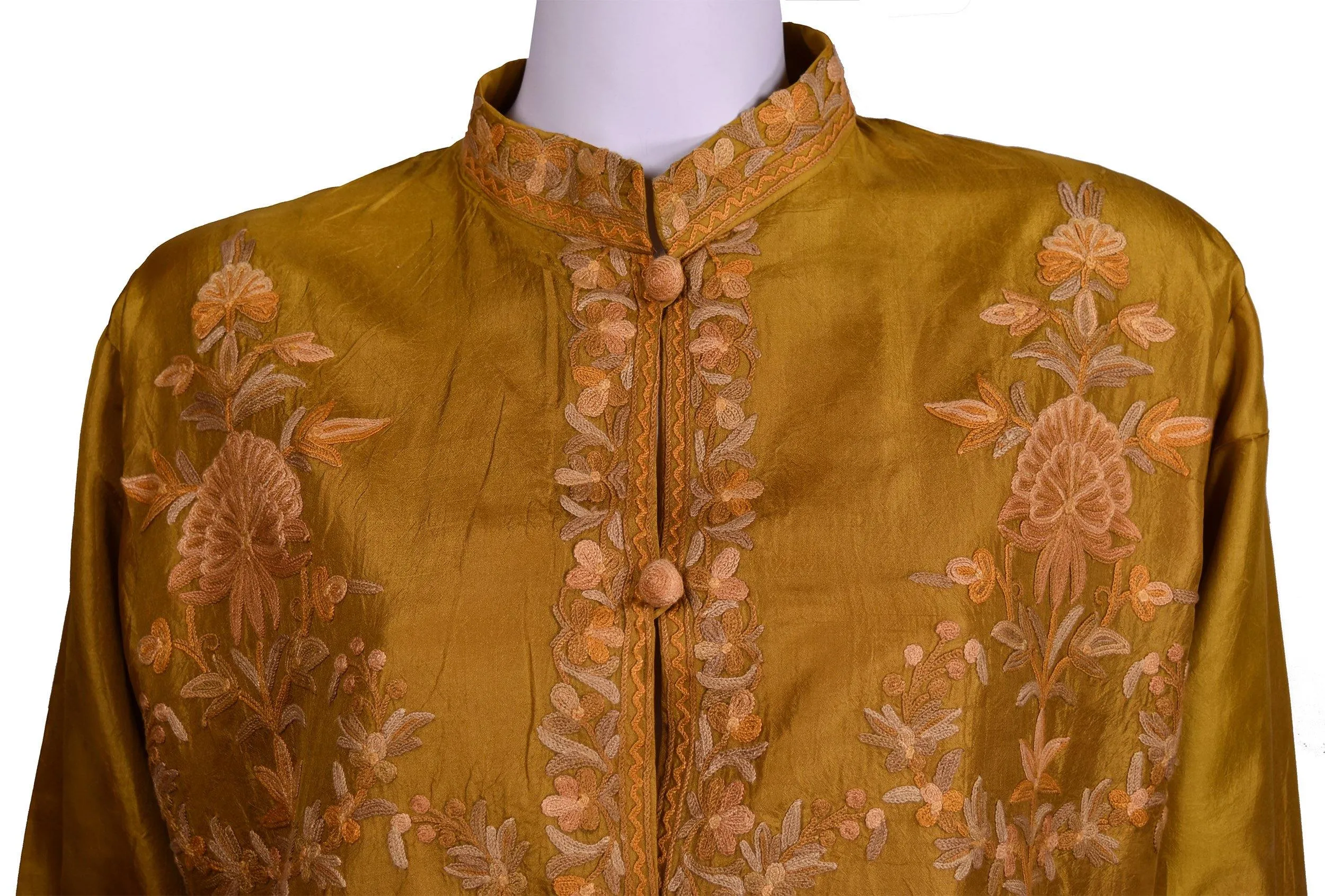 Bia Yellow Gold Silk Dinner Jacket Floral Evening Dress Coat Hand Embroidered Kashmir
