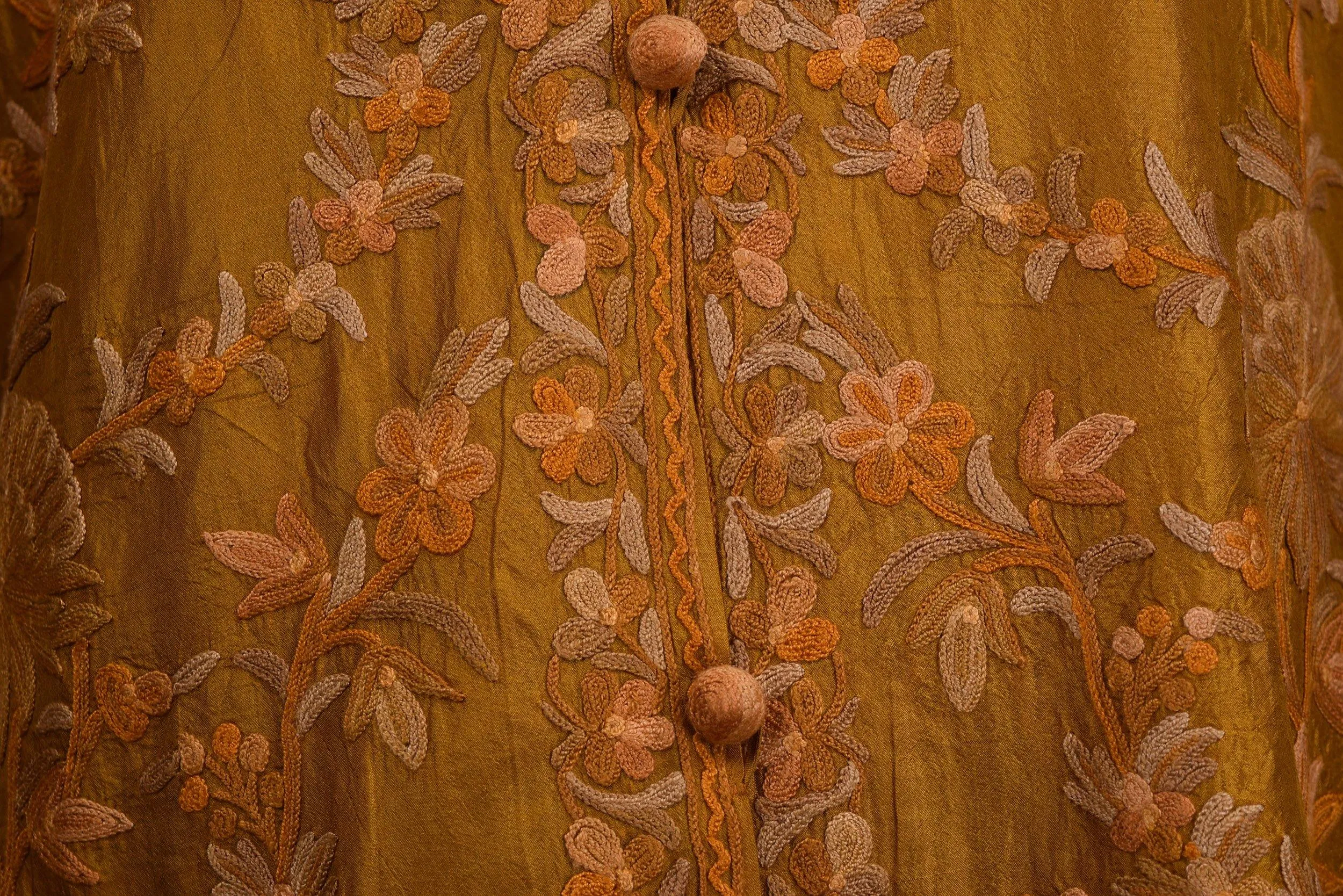 Bia Yellow Gold Silk Dinner Jacket Floral Evening Dress Coat Hand Embroidered Kashmir