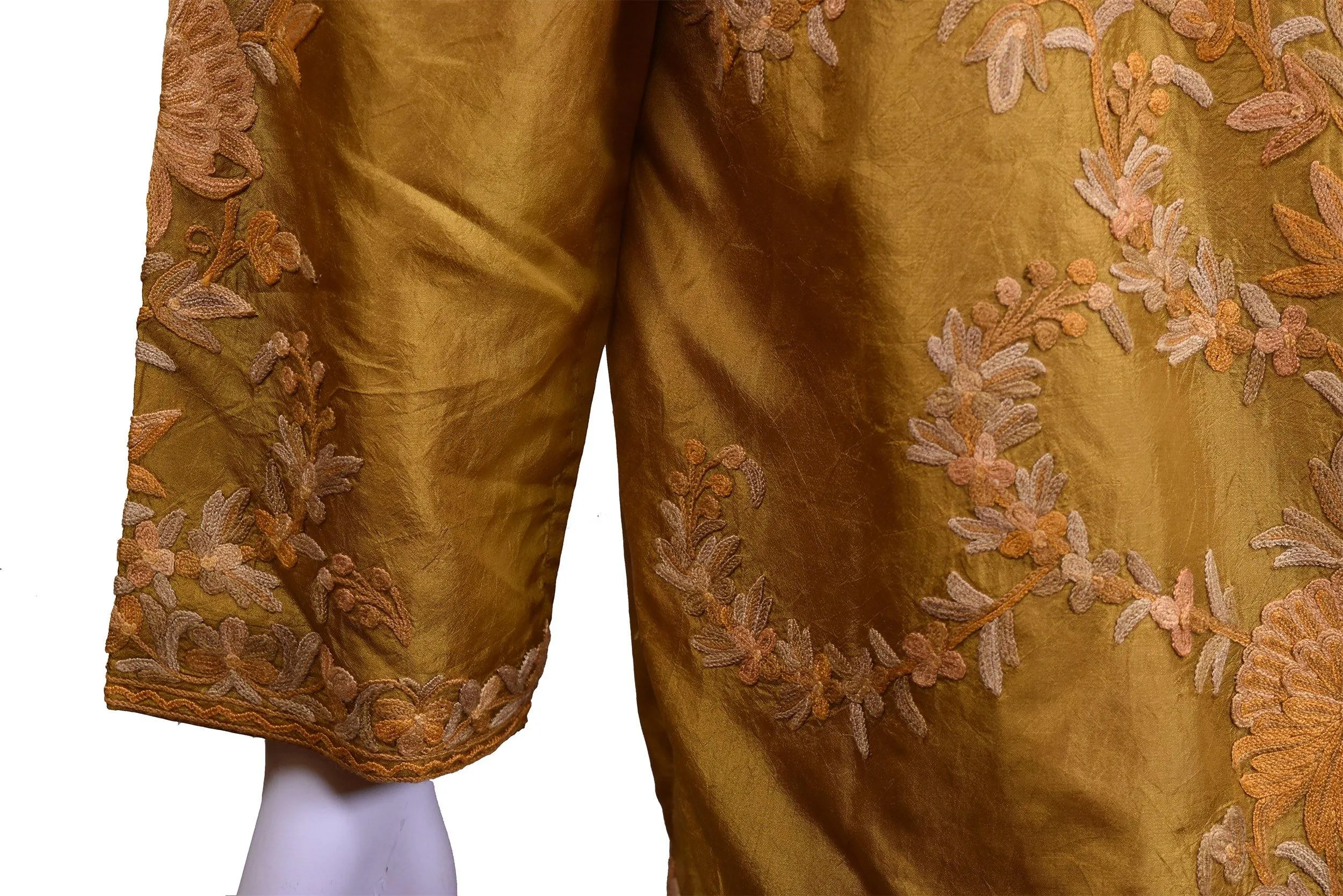 Bia Yellow Gold Silk Dinner Jacket Floral Evening Dress Coat Hand Embroidered Kashmir