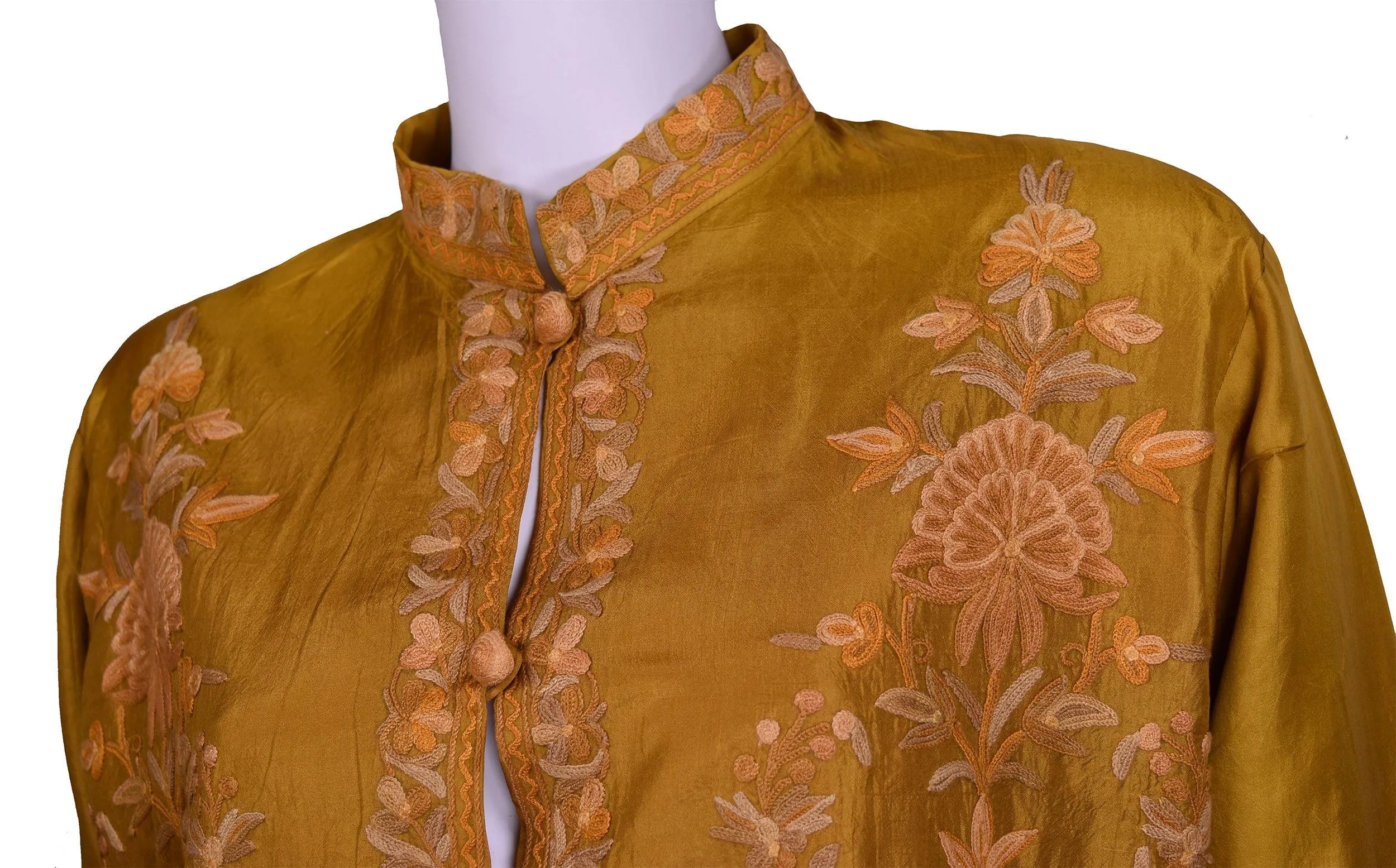 Bia Yellow Gold Silk Dinner Jacket Floral Evening Dress Coat Hand Embroidered Kashmir