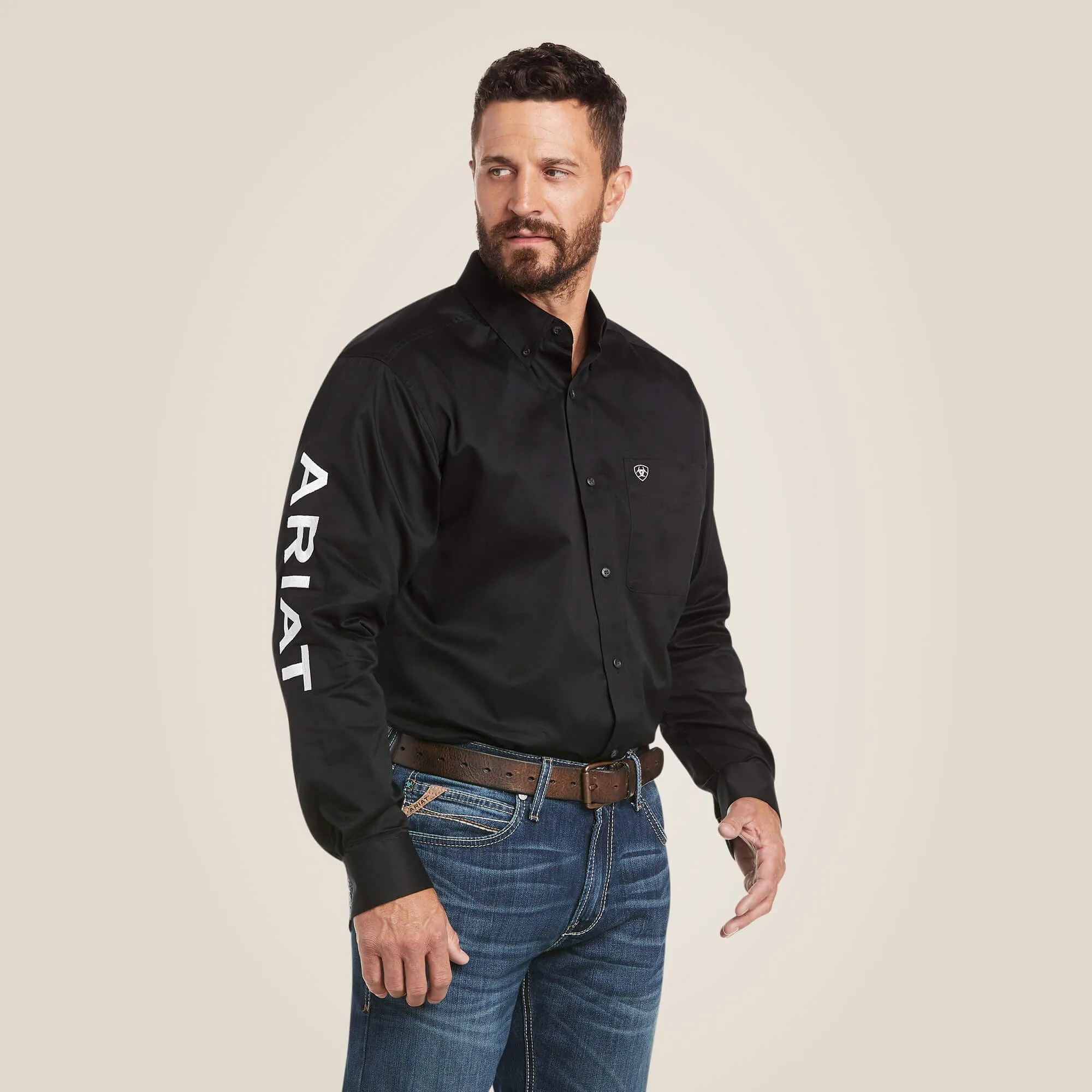 Boy's Ariat Black Button-Down Team Shirt with White Logo