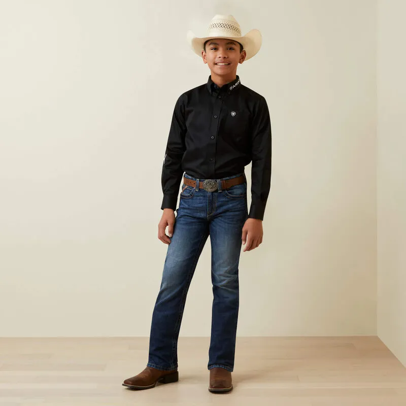 Boy's Ariat Black Button-Down Team Shirt with White Logo