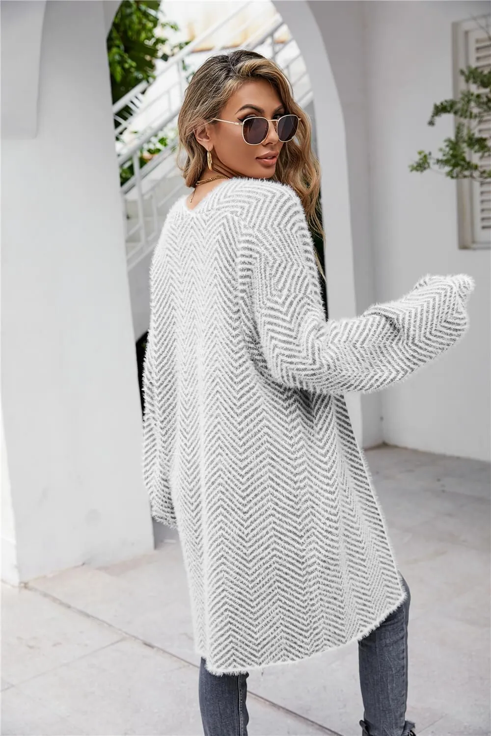 Casual Herringbone Pattern  Fuzzy Longline Cardigan