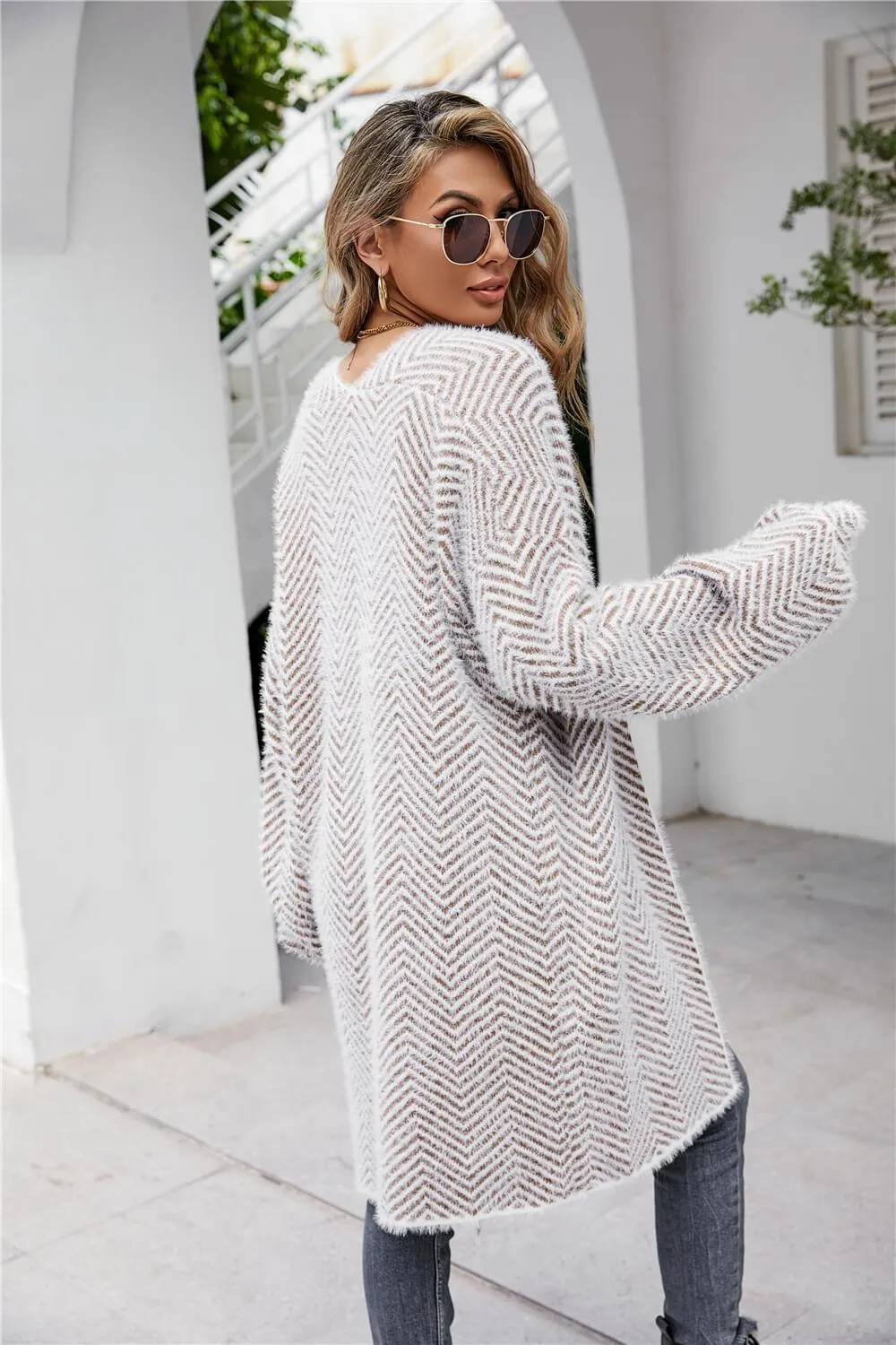 Casual Herringbone Pattern  Fuzzy Longline Cardigan
