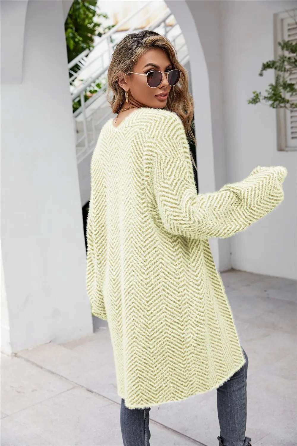 Casual Herringbone Pattern  Fuzzy Longline Cardigan