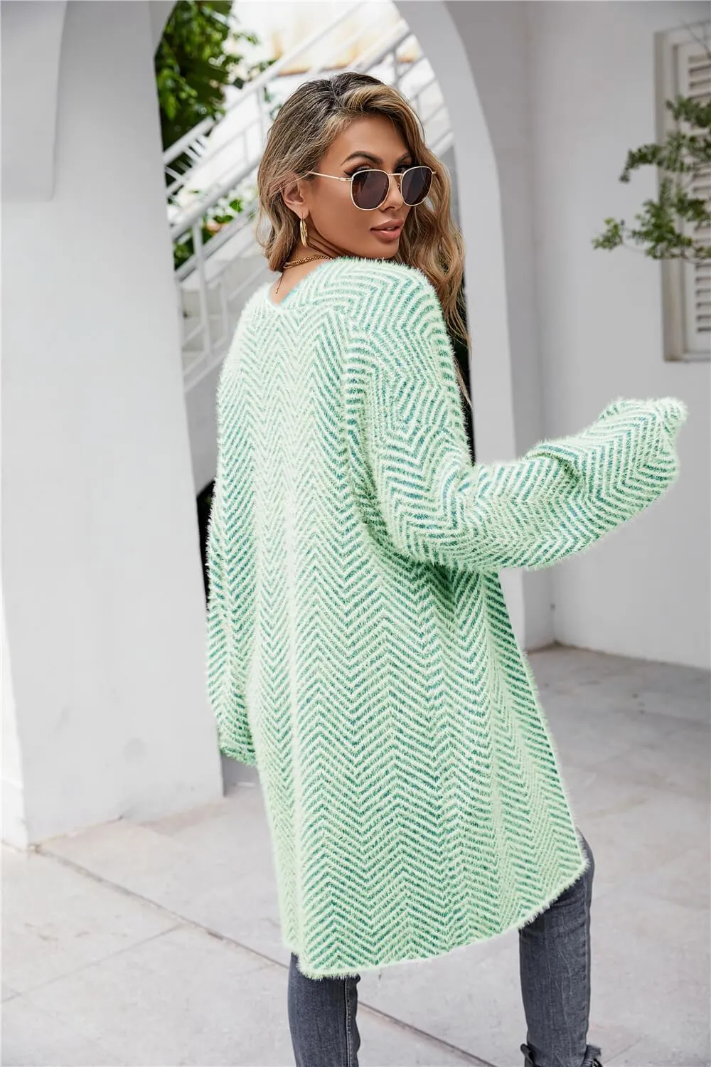 Casual Herringbone Pattern  Fuzzy Longline Cardigan
