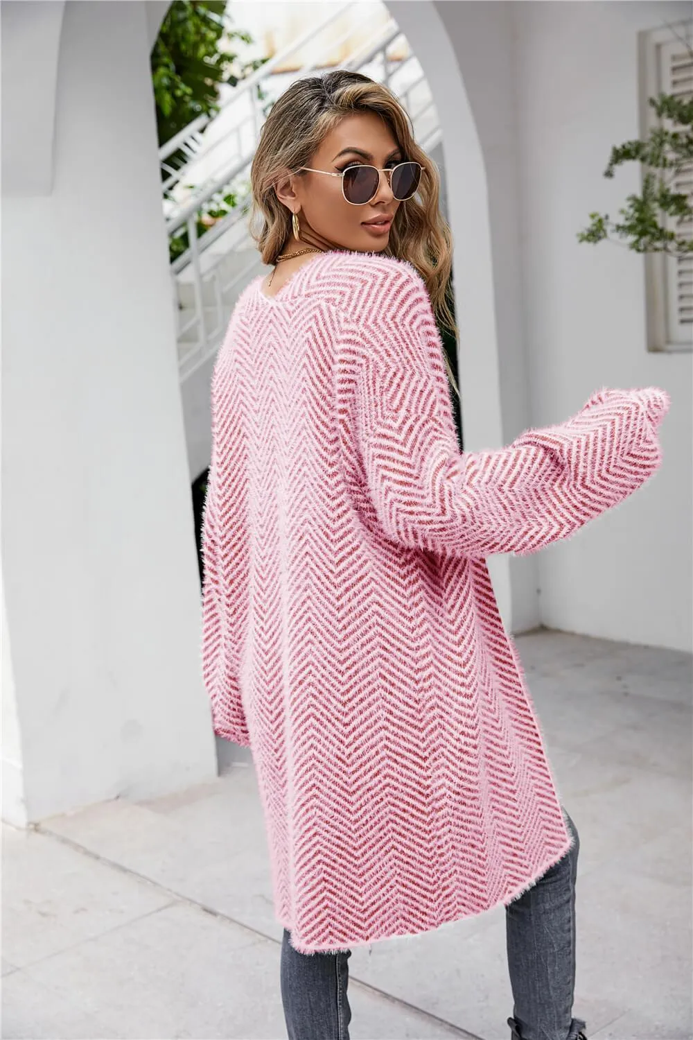 Casual Herringbone Pattern  Fuzzy Longline Cardigan