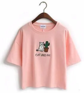 Cat Embroidered Cute Cropped Top Tees