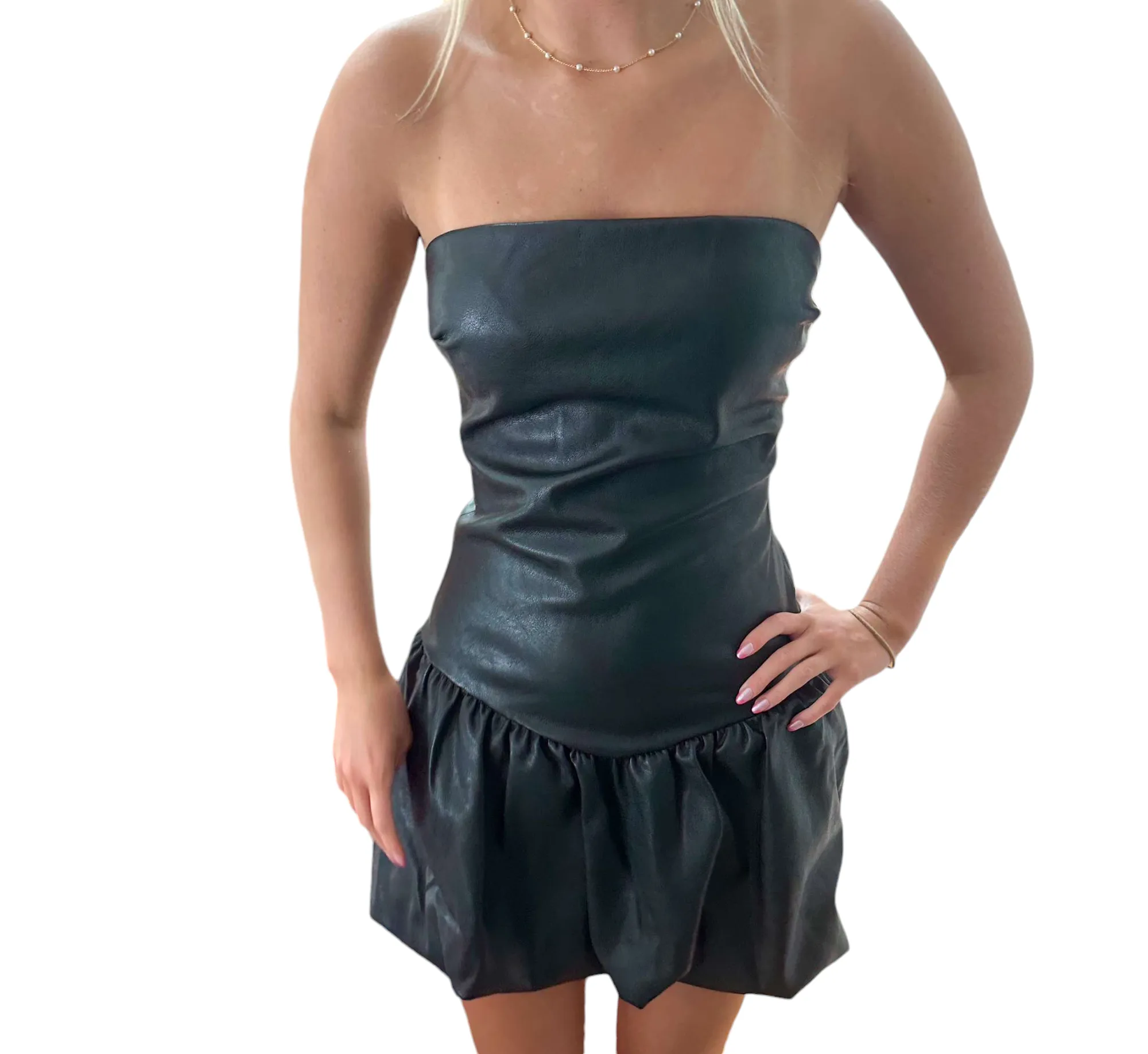Chevron Chic: Strapless Black Leather Bubble Mini Dress