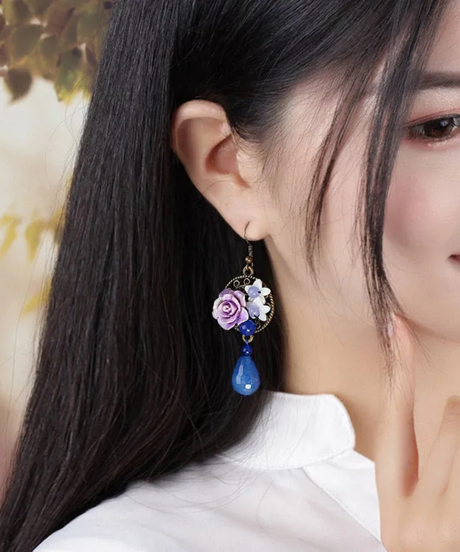 Chic Blue Copper Shell Flower Chalcedony Drop Earrings LY2210