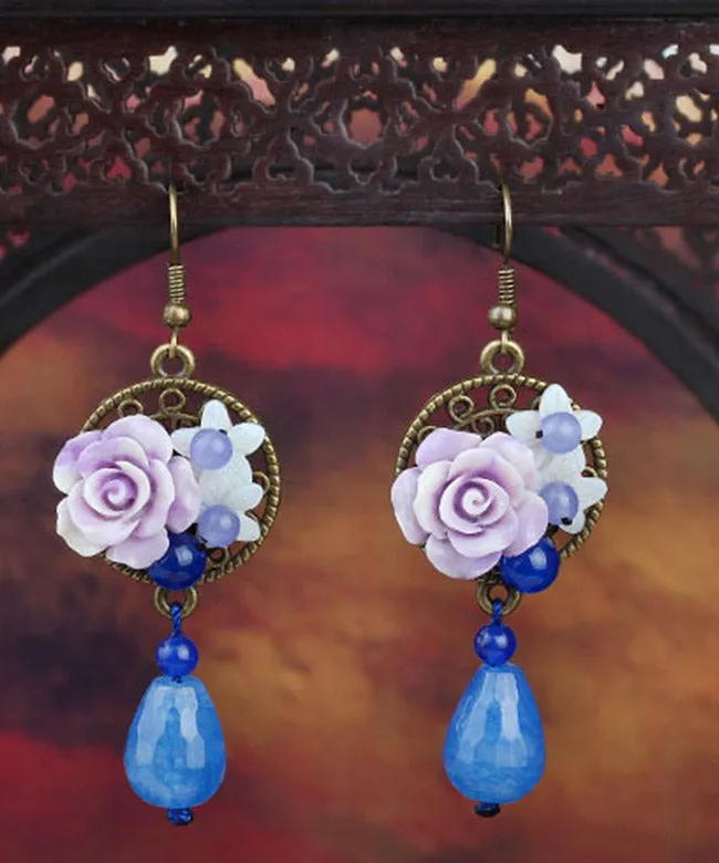 Chic Blue Copper Shell Flower Chalcedony Drop Earrings LY2210