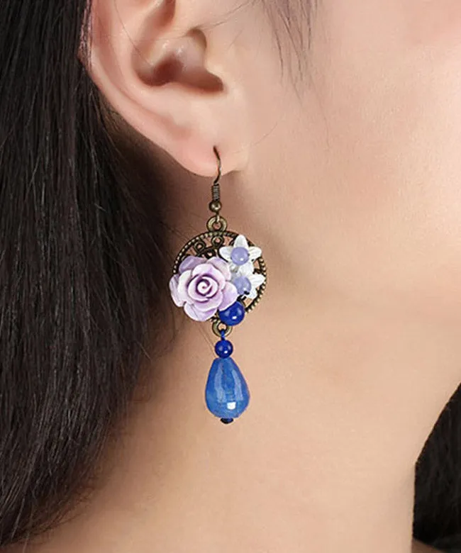 Chic Blue Copper Shell Flower Chalcedony Drop Earrings LY2210