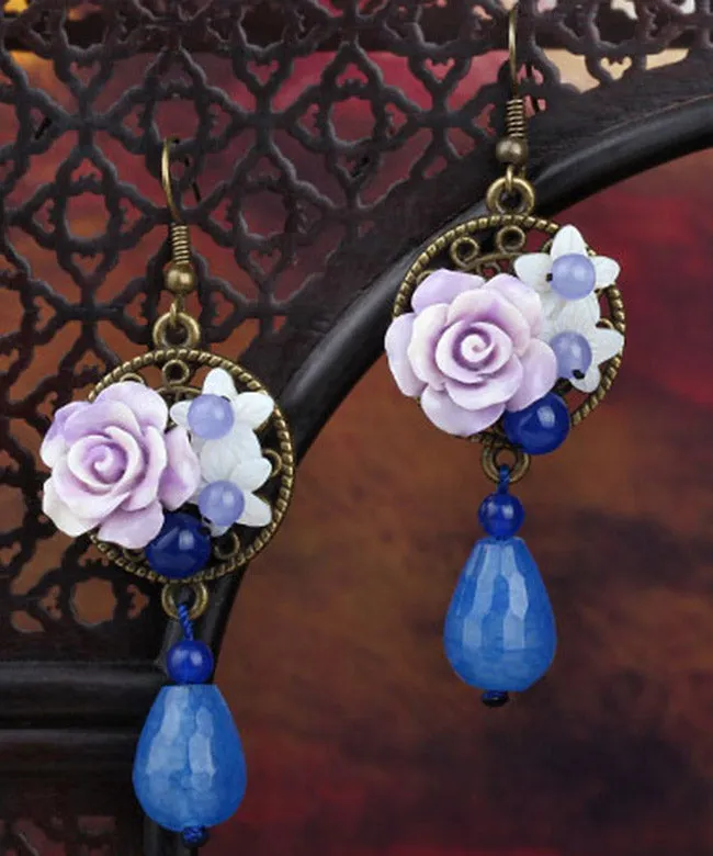 Chic Blue Copper Shell Flower Chalcedony Drop Earrings LY2210