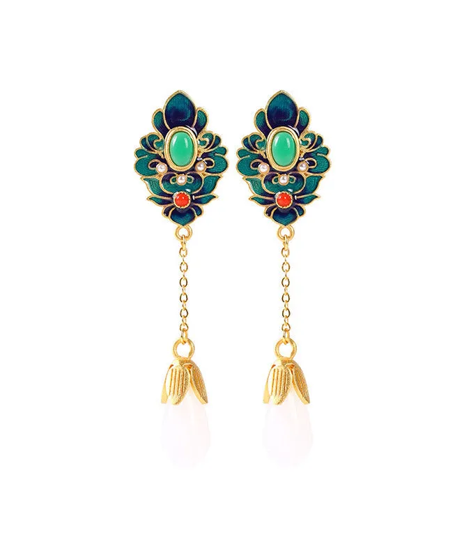 Chic Blue Jade Enamel Agate Orchid Drop Earrings LY2306