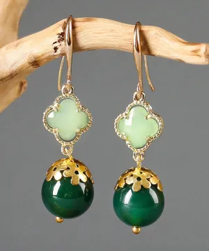 Chic Green Sterling Silver Agate Coloured Glaze Clover Drop Earrings LY2039