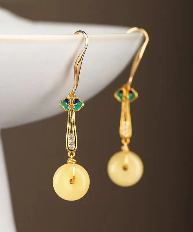 Chic Silver Zircon Yellow Jade Drop Earrings LY9153