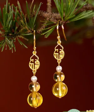 Chic Yellow Sterling Silver Overgild Pearl Crystal Amber Graphic Drop Earrings LY9210