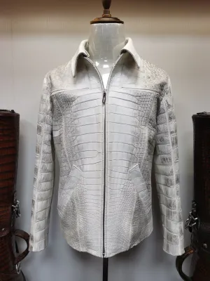 Crocodile Leather Jacket,Himalaya White Crocodile Leather Zip Up Coat