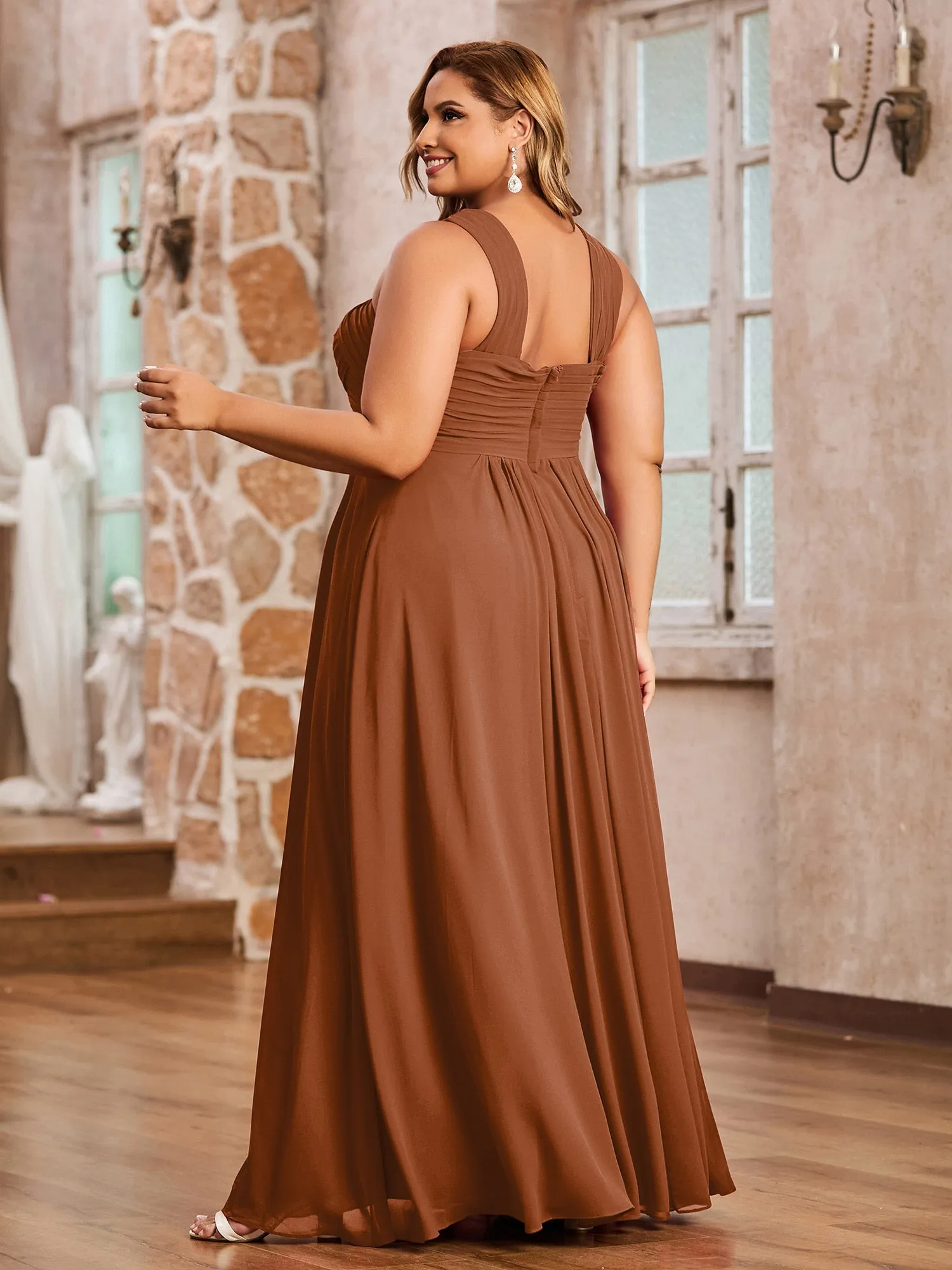 Cross Shoulder Strap Chiffon Dress with Empire Waist Terracotta Plus Size