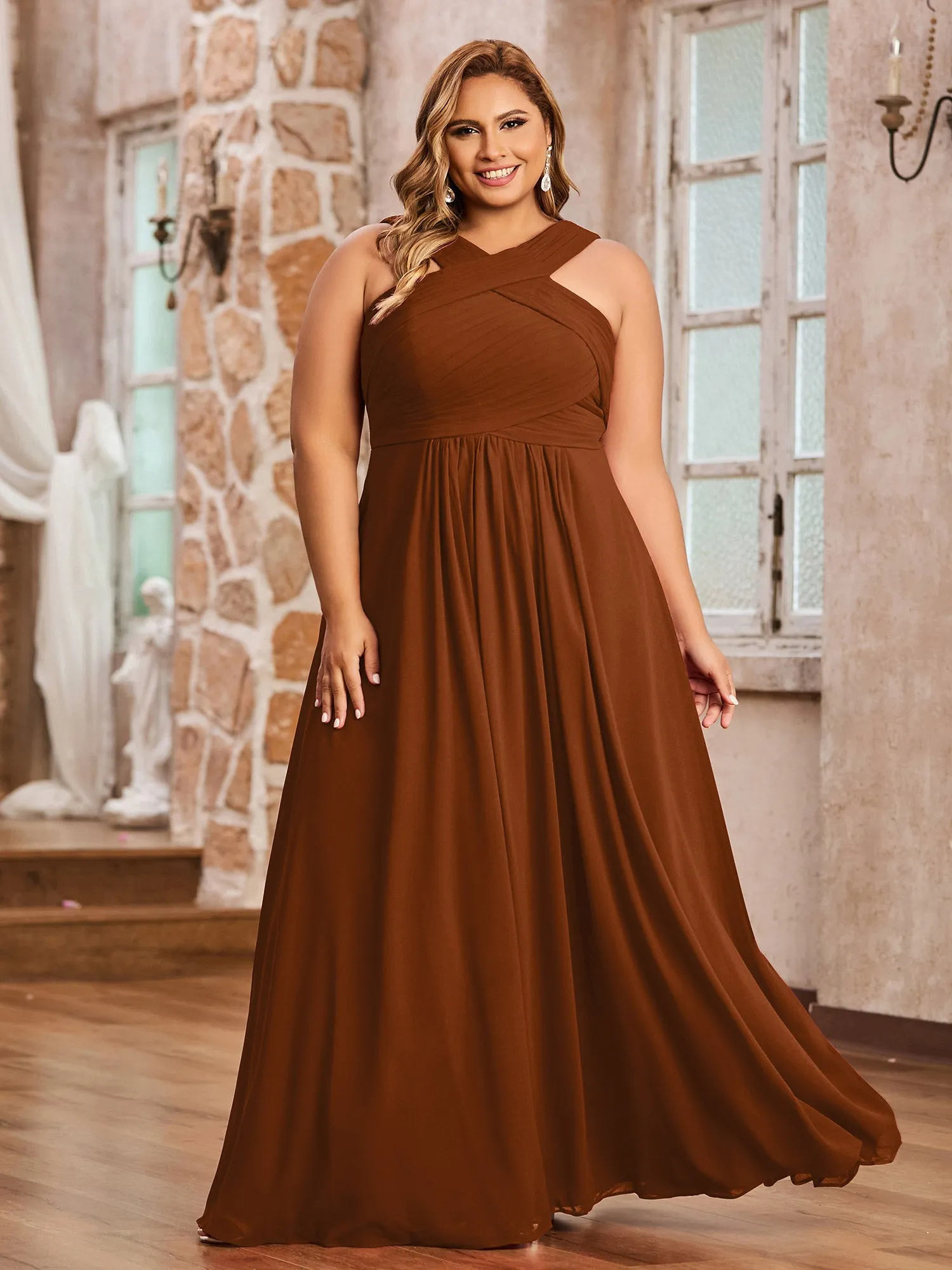 Cross Shoulder Strap Chiffon Dress with Empire Waist Terracotta Plus Size