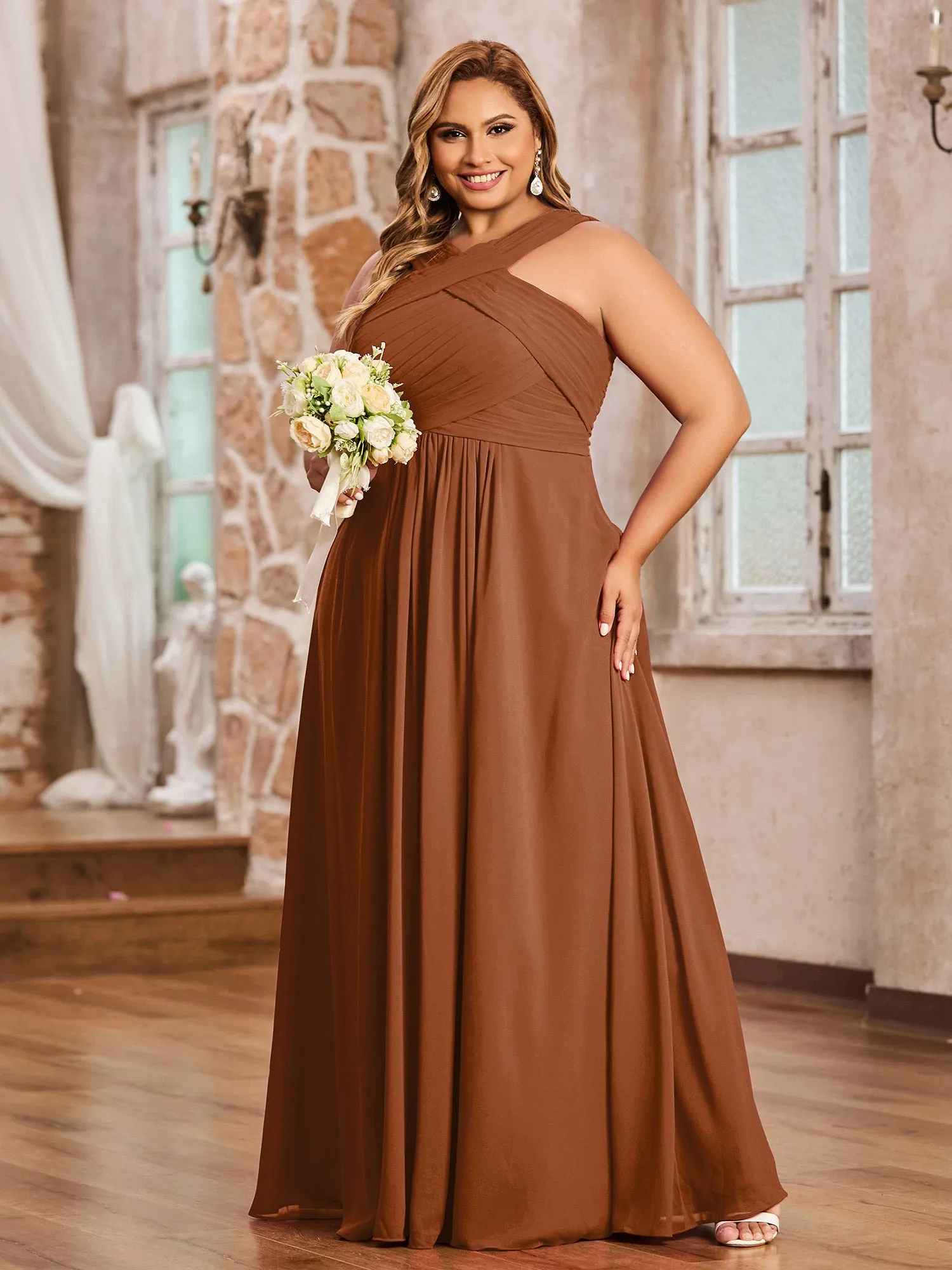 Cross Shoulder Strap Chiffon Dress with Empire Waist Terracotta Plus Size