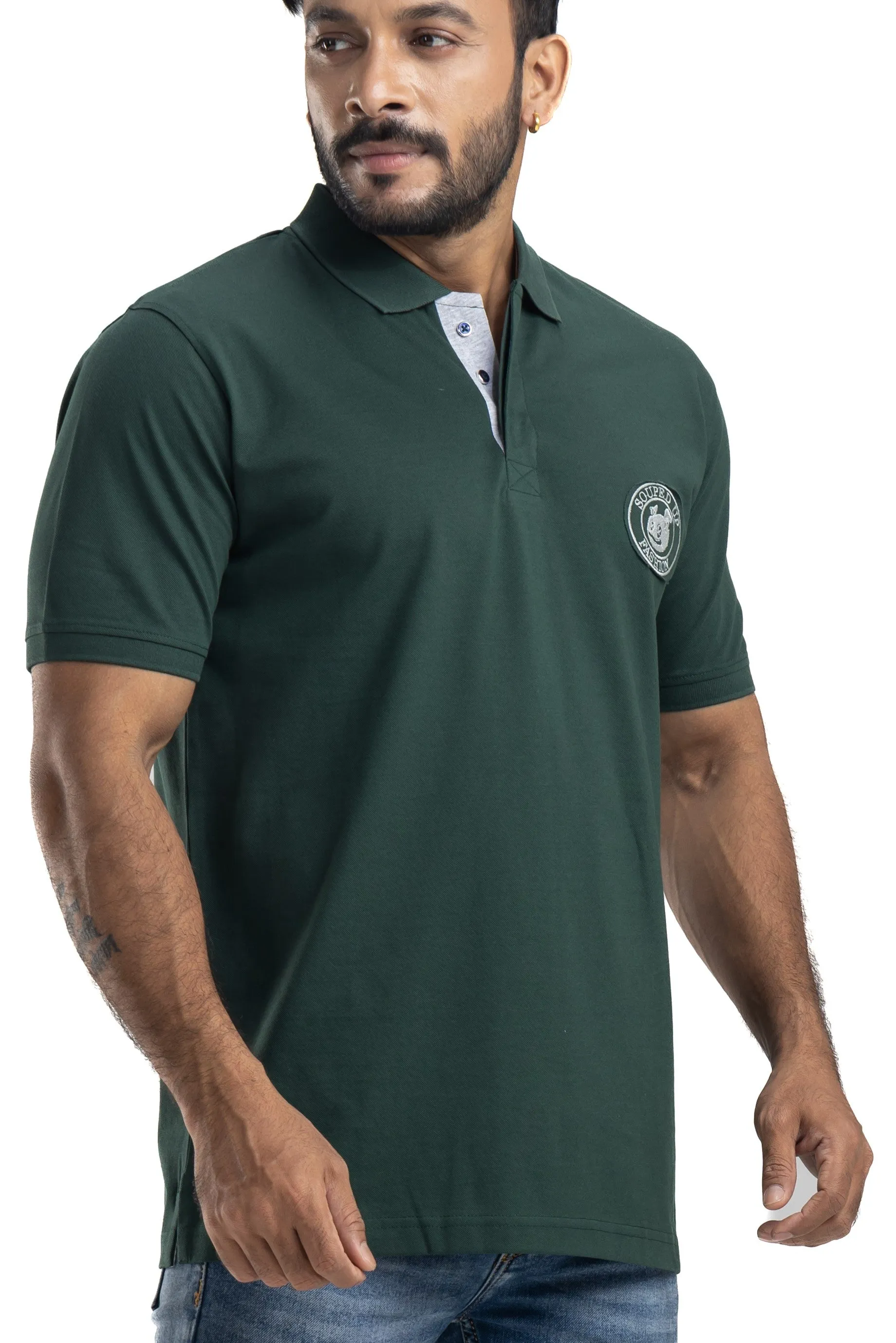 Distinct Solid Bottlegreen Half Sleeves Cotton Polo T-Shirt