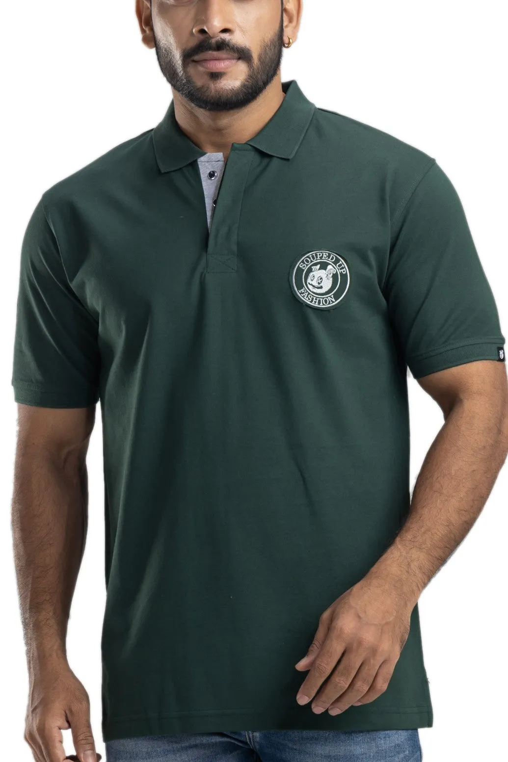 Distinct Solid Bottlegreen Half Sleeves Cotton Polo T-Shirt