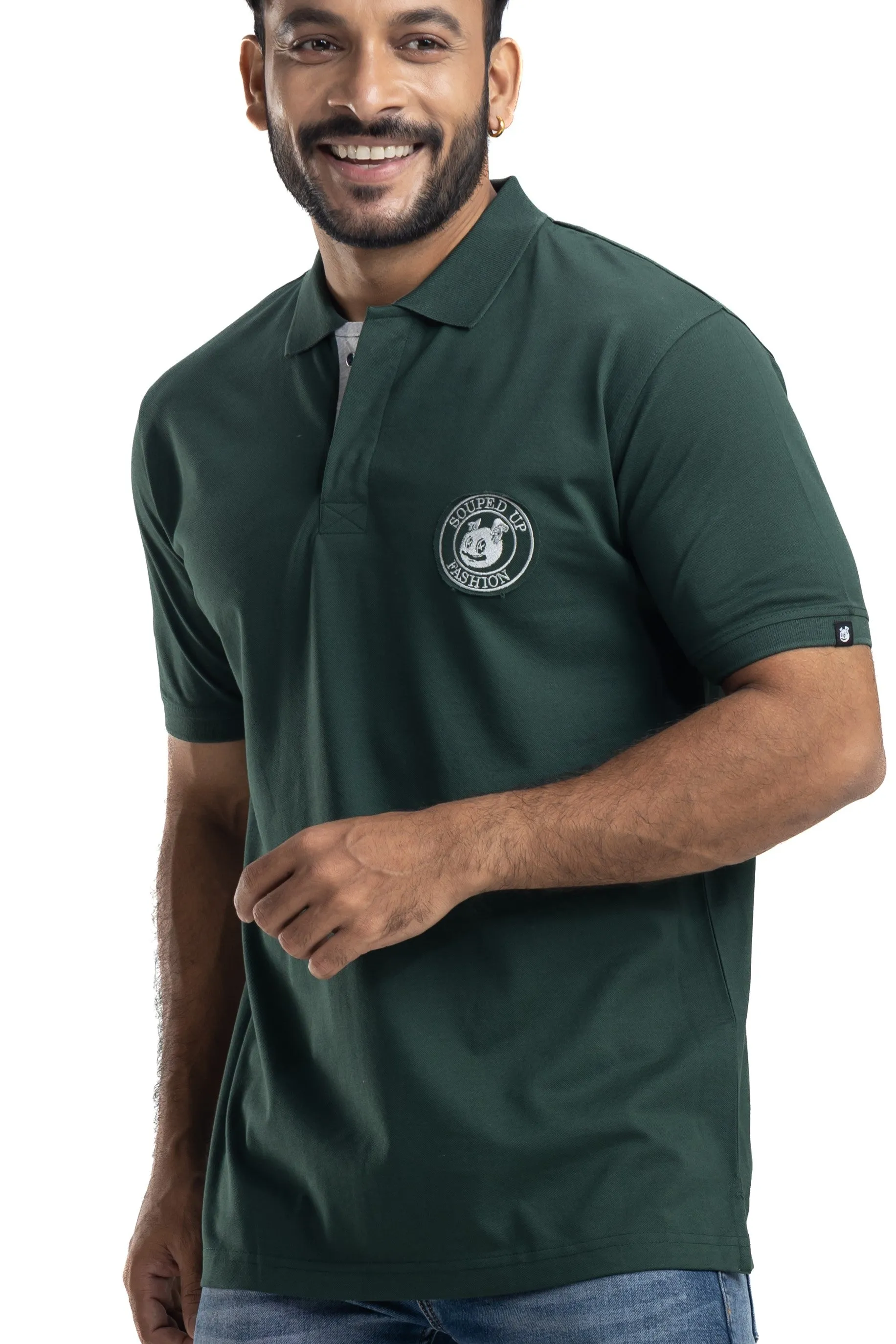 Distinct Solid Bottlegreen Half Sleeves Cotton Polo T-Shirt
