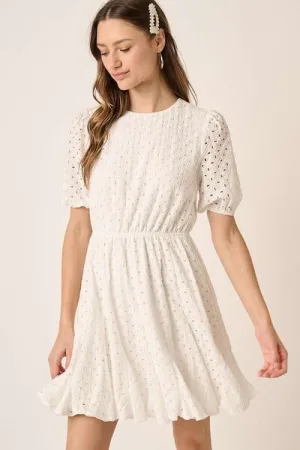 Eyelet Puff Sleeve Mini Dress
