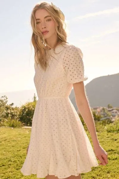 Eyelet Puff Sleeve Mini Dress
