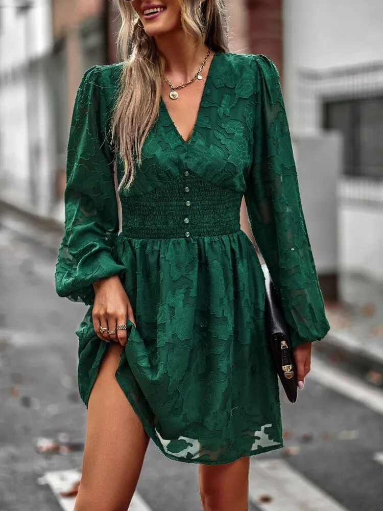 FashionSierra - Chic Hook Flower Hollow Button Full Sleeve Mini Dress