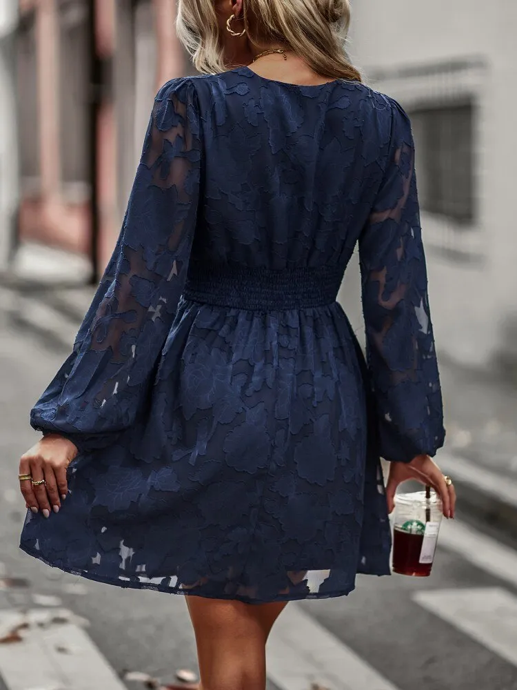 FashionSierra - Chic Hook Flower Hollow Button Full Sleeve Mini Dress