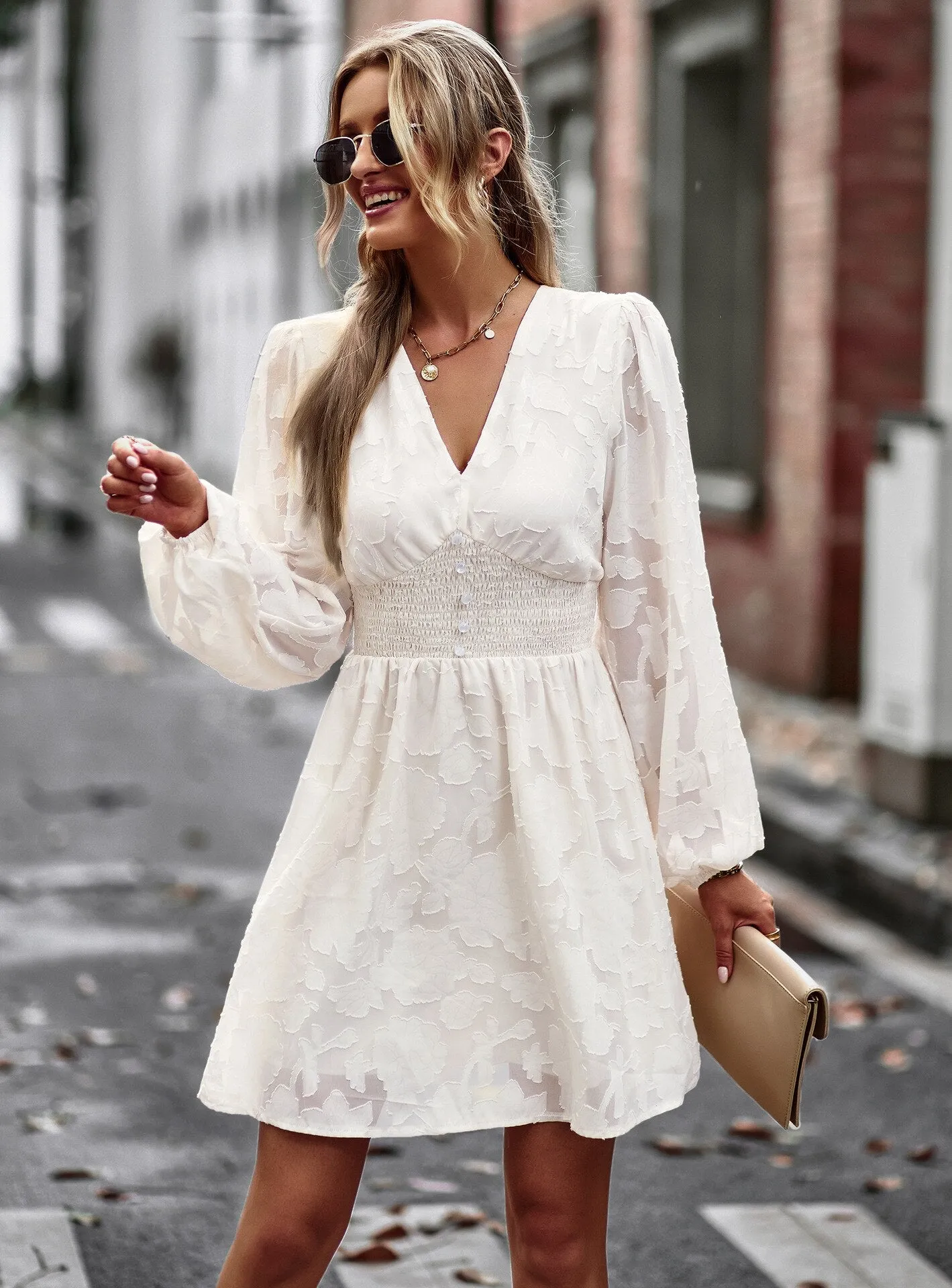 FashionSierra - Chic Hook Flower Hollow Button Full Sleeve Mini Dress
