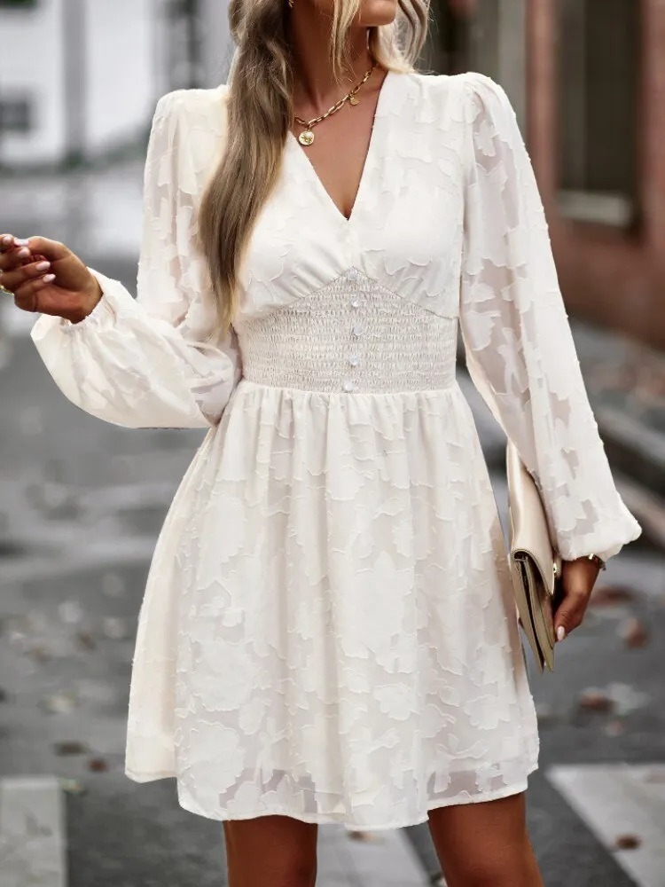 FashionSierra - Chic Hook Flower Hollow Button Full Sleeve Mini Dress