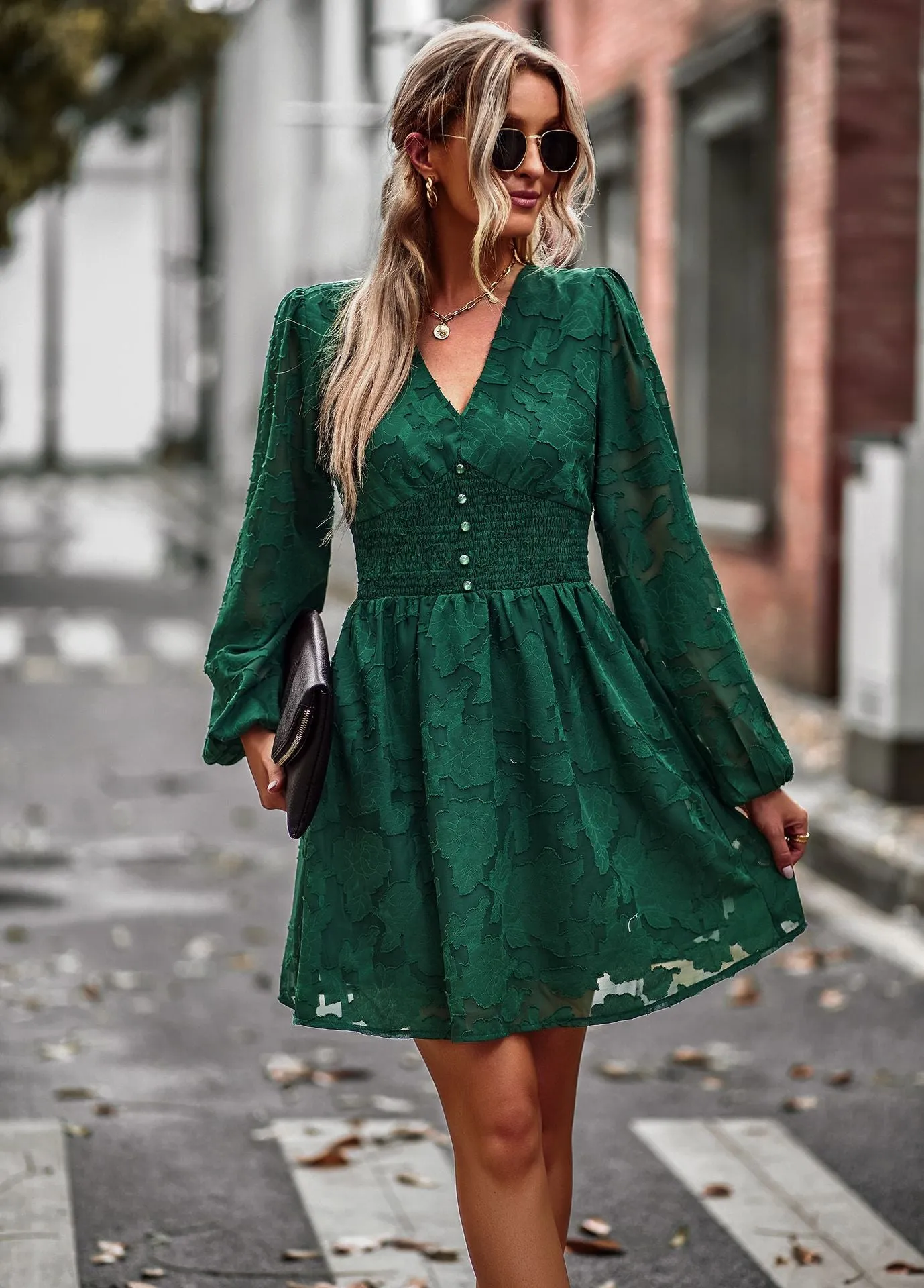 FashionSierra - Chic Hook Flower Hollow Button Full Sleeve Mini Dress
