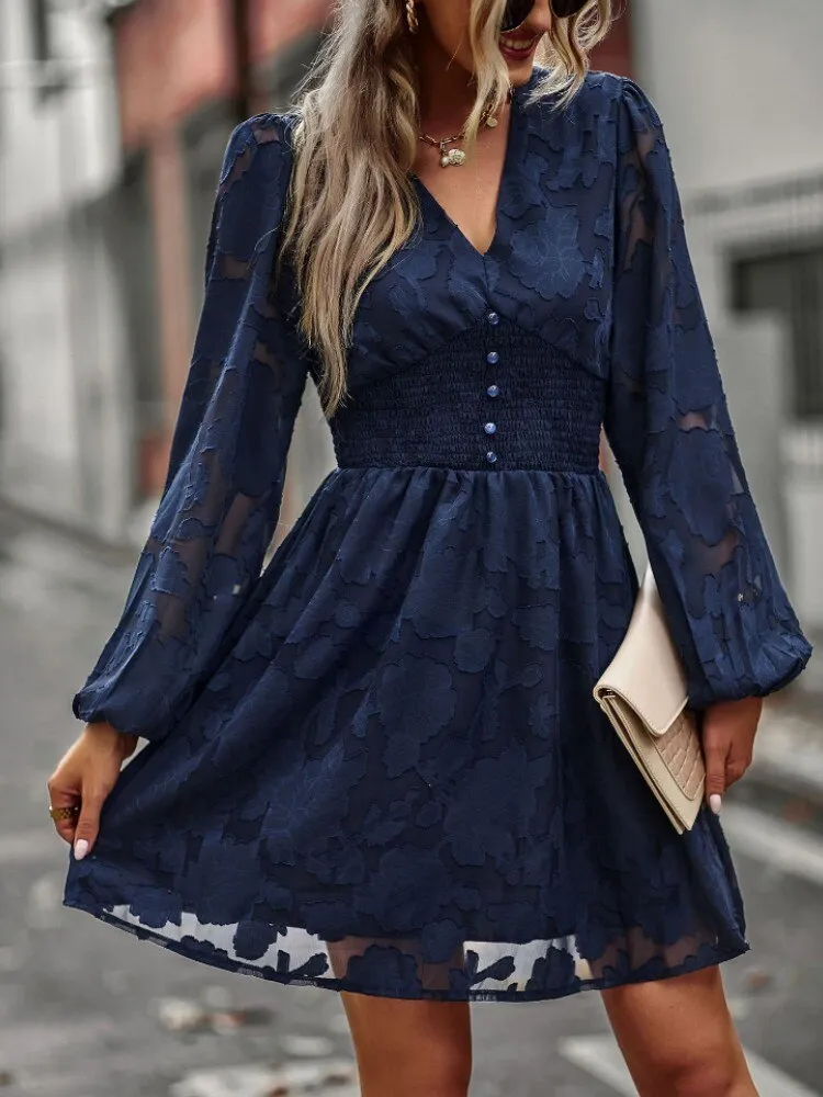 FashionSierra - Chic Hook Flower Hollow Button Full Sleeve Mini Dress