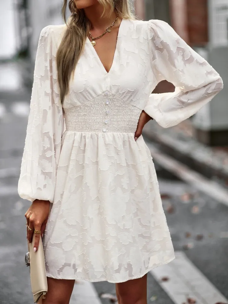 FashionSierra - Chic Hook Flower Hollow Button Full Sleeve Mini Dress