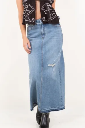 Frayed Edge Denim Maxi Skirt with Slit