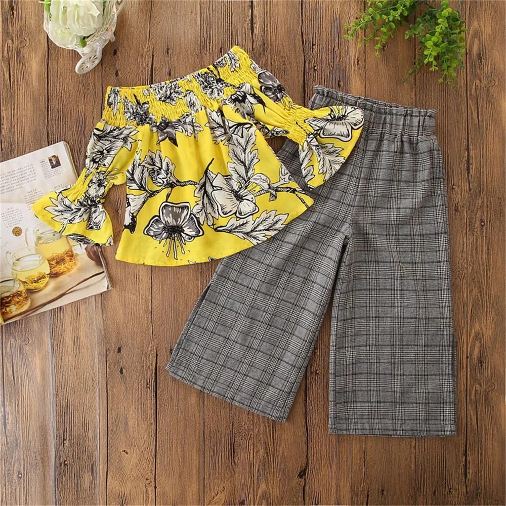 Girls Floral Printed Long Sleeve Top & Plaid Pants Girls Clothing Wholesale