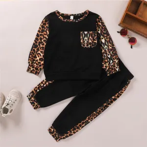 Girls Leopard Print Pockets Long Sleeve Top & Pants Kids Wholesale Clothing