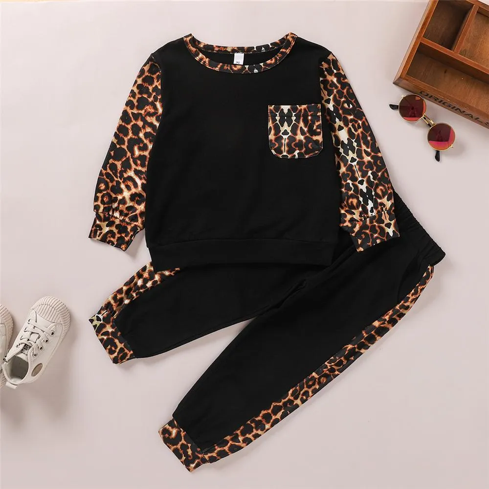 Girls Leopard Print Pockets Long Sleeve Top & Pants Kids Wholesale Clothing