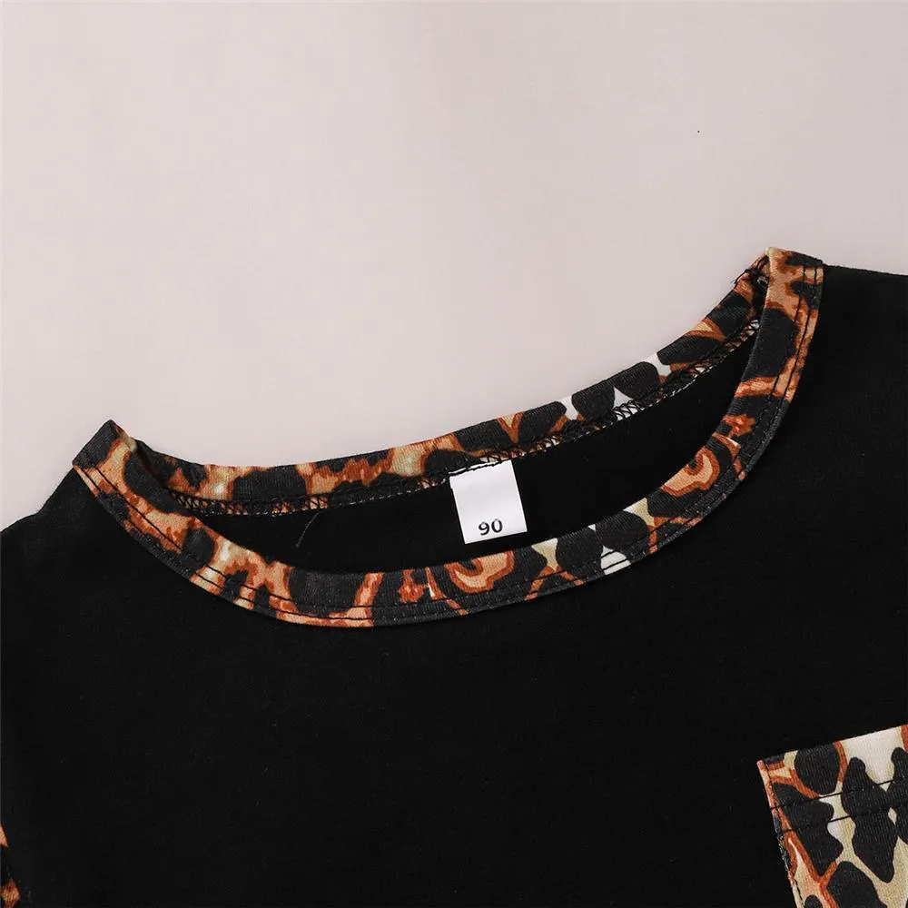 Girls Leopard Print Pockets Long Sleeve Top & Pants Kids Wholesale Clothing